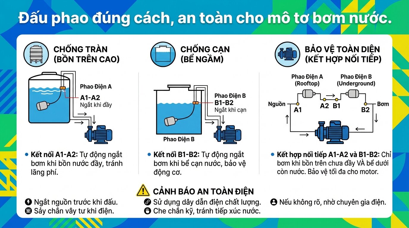 Đấu phao đúng cách, an toàn cho mô tơ bơm nước.