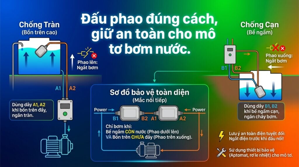 Đấu phao đúng cách, giữ an toàn cho mô tơ bơm nước.
