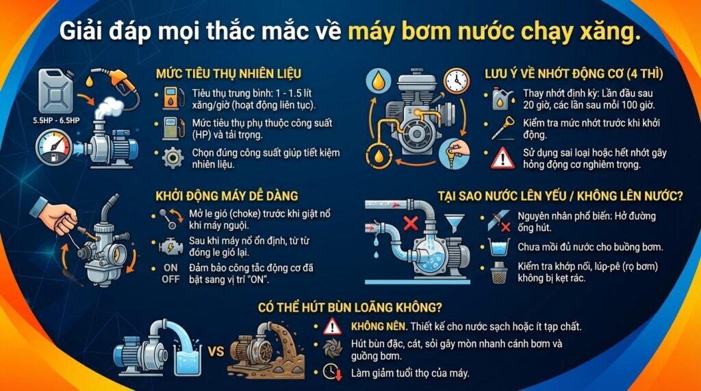 Giải đáp mọi thắc mắc về máy bơm nước chạy xăng.