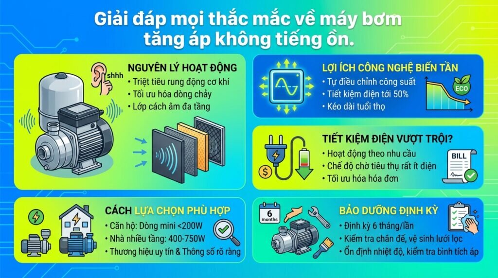 Giải đáp mọi thắc mắc về máy bơm tăng áp không tiếng ồn.