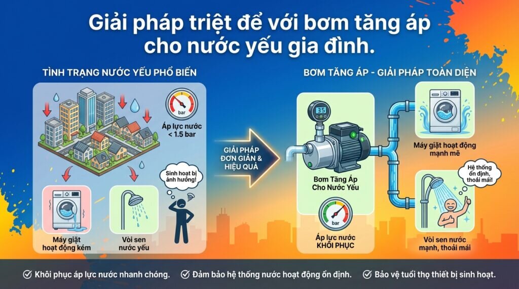 Giải pháp triệt để với bơm tăng áp cho nước yếu gia đình.