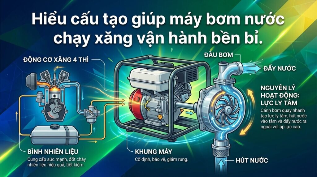 Hiểu cấu tạo giúp máy bơm nước chạy xăng vận hành bền bỉ.