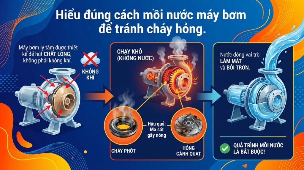 Hiểu đúng cách mồi nước máy bơm để tránh cháy hỏng.