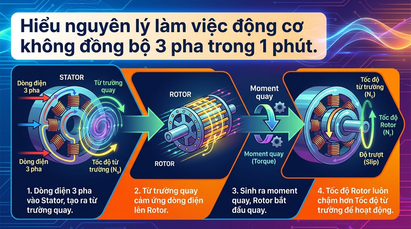 Hiểu nguyên lý làm việc động cơ không đồng bộ 3 pha trong 1 phút.