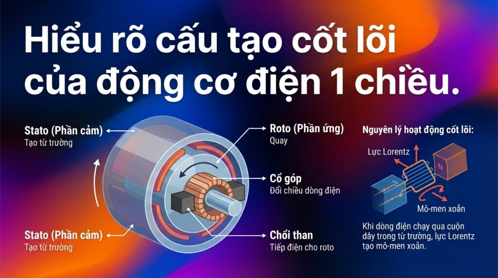 Hiểu rõ cấu tạo cốt lõi của động cơ điện 1 chiều.