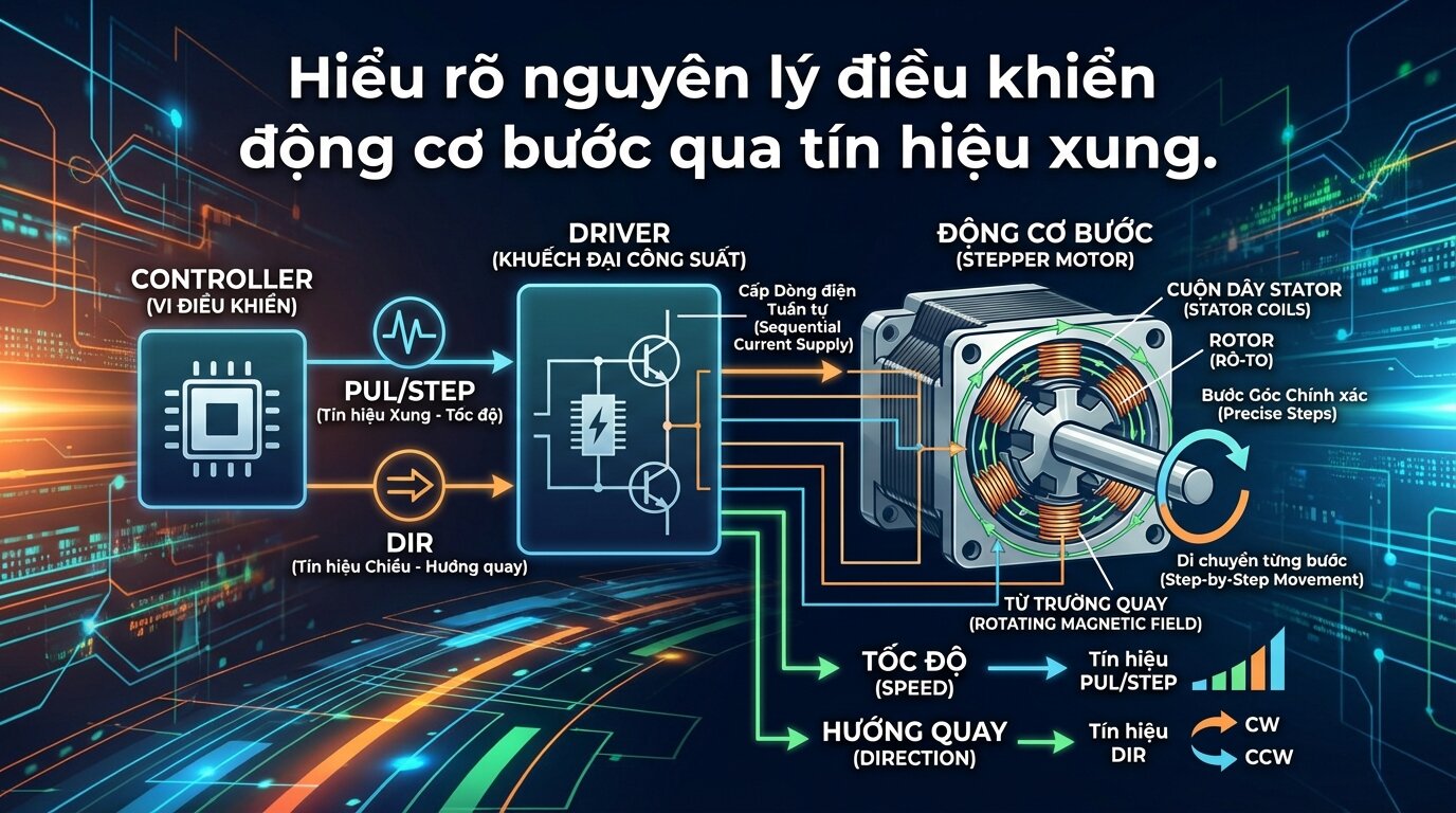Hiểu rõ nguyên lý điều khiển động cơ bước qua tín hiệu xung.