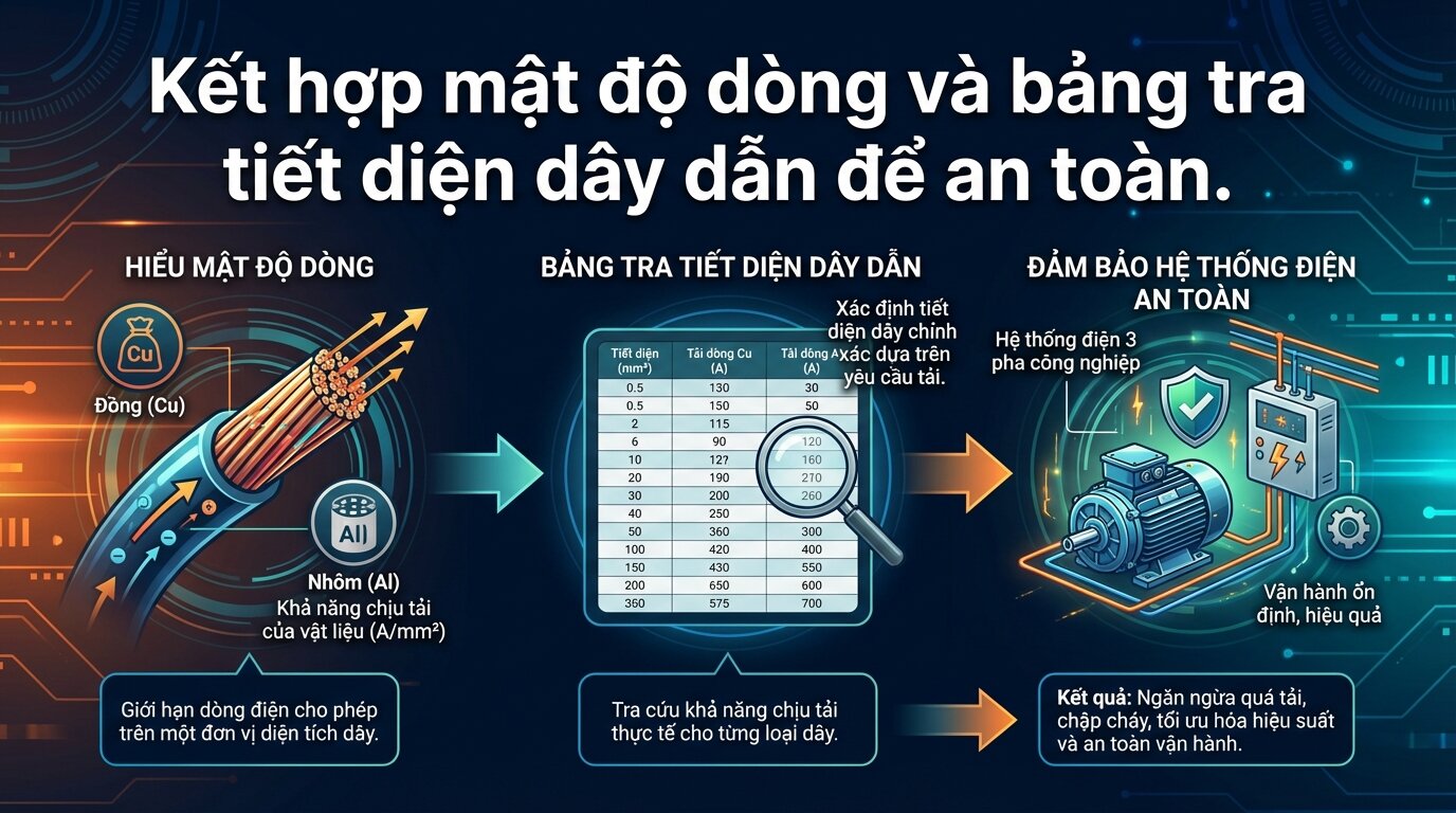 Kết hợp mật độ dòng và bảng tra tiết diện dây dẫn để an toàn.