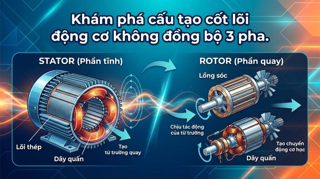 Khám phá cấu tạo cốt lõi động cơ không đồng bộ 3 pha.