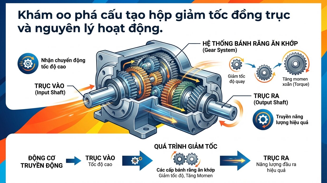 Khám phá cấu tạo hộp giảm tốc đồng trục và nguyên lý hoạt động.