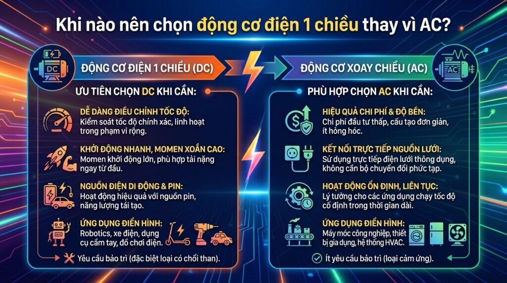 Khi nào nên chọn động cơ điện 1 chiều thay vì AC?