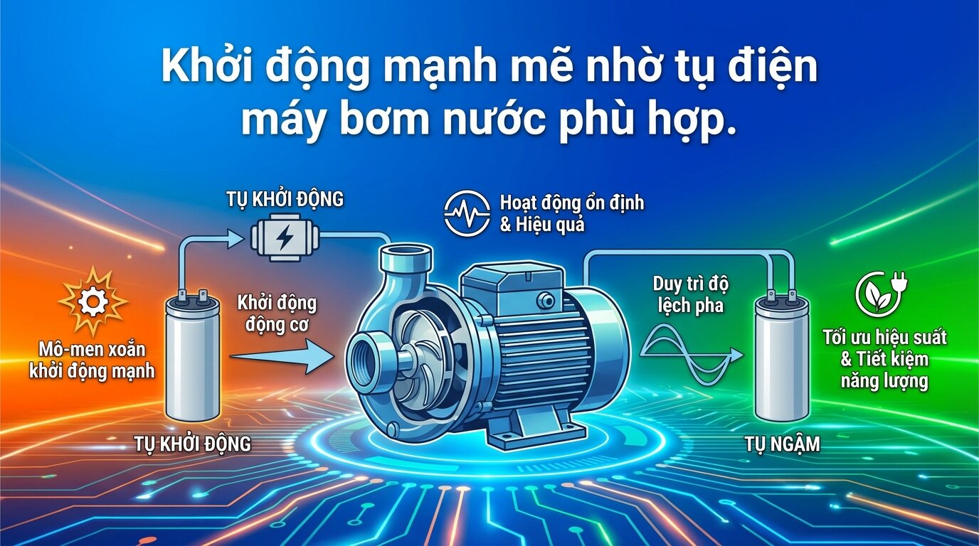 Khởi động mạnh mẽ nhờ tụ điện máy bơm nước phù hợp.