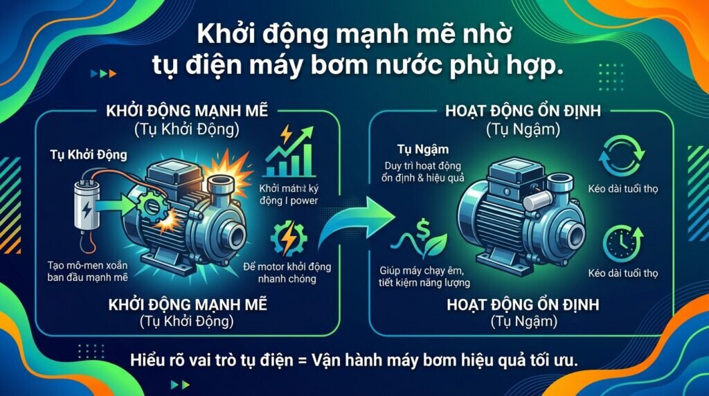 Khởi động mạnh mẽ nhờ tụ điện máy bơm nước phù hợp.