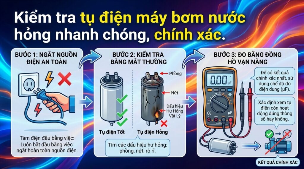 Kiểm tra tụ điện máy bơm nước hỏng nhanh chóng, chính xác.