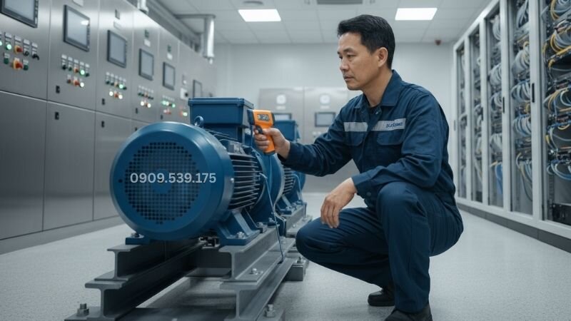 Kỹ thuật viên đang theo dõi nhiệt độ máy bơm nước trong quá trình hoạt động.