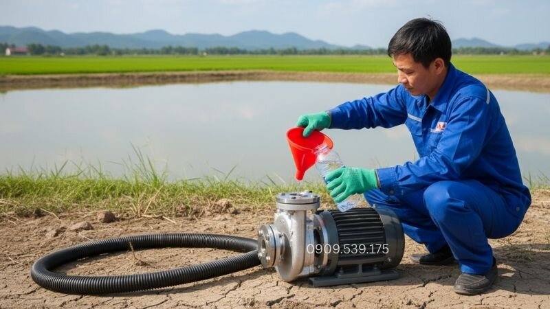 Kỹ thuật viên đang tiến hành mồi nước cho máy bơm nhằm đảm bảo thiết bị hoạt động ổn định và tránh hiện tượng chạy khô.