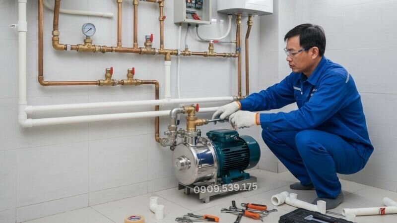 Kỹ thuật viên lắp bơm tăng áp giúp cải thiện áp lực nước yếu, đảm bảo vòi sen và thiết bị sử dụng nước hoạt động mạnh, ổn định hơn.