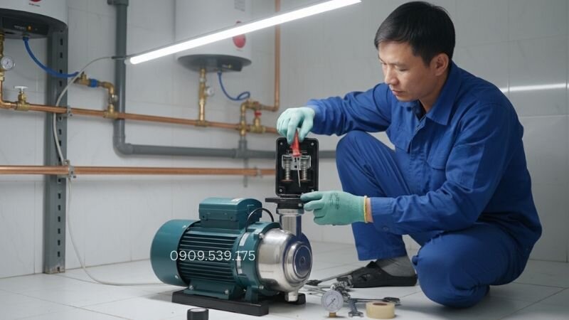 Kỹ thuật viên xoay vít chỉnh rơ le theo chiều kim đồng hồ để tăng áp lực nước..