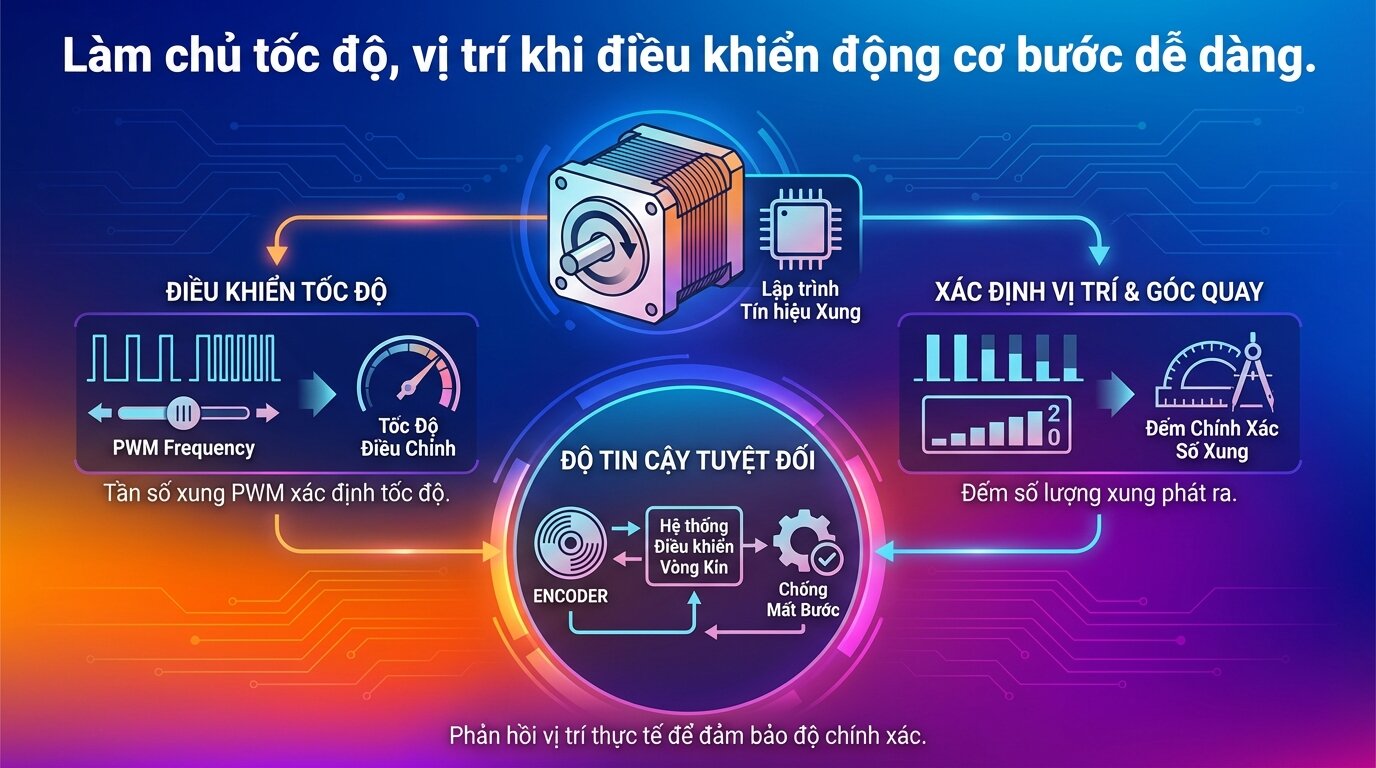 Làm chủ tốc độ, vị trí khi điều khiển động cơ bước dễ dàng.