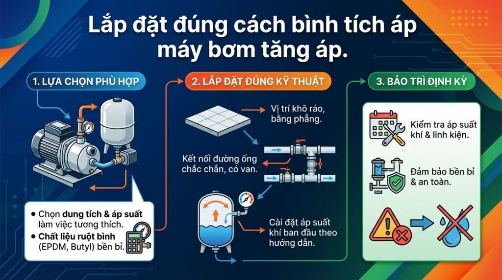 Lắp đặt đúng cách bình tích áp máy bơm tăng áp.