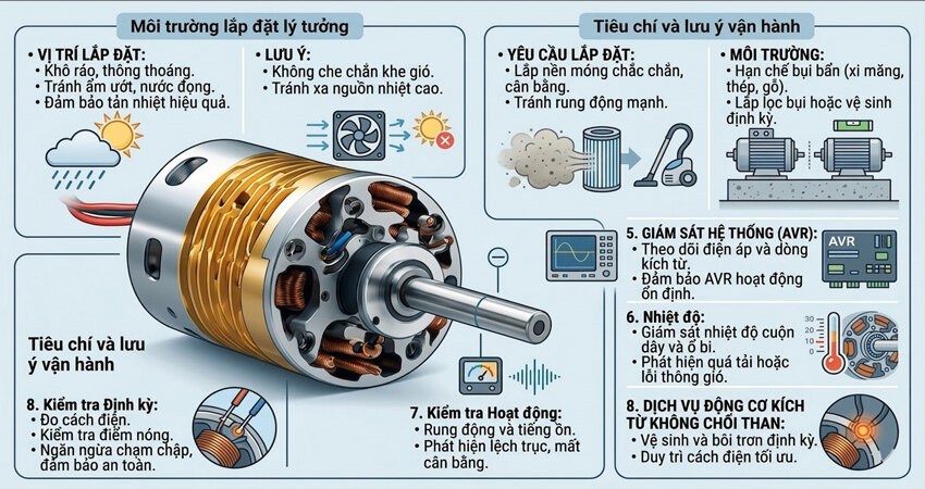 Chọn môi trường phù hợp để lắp đặt động cơ kích từ không chổi than vận hành ổn định, bền bỉ và phát huy tối đa hiệu suất