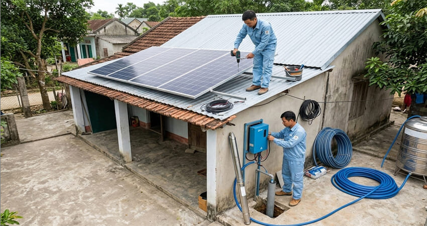Lựa chọn vị trí phù hợp để lắp đặt máy bơm nước năng lượng mặt trời là yếu tố quan trọng đến hiệu suất và độ bền