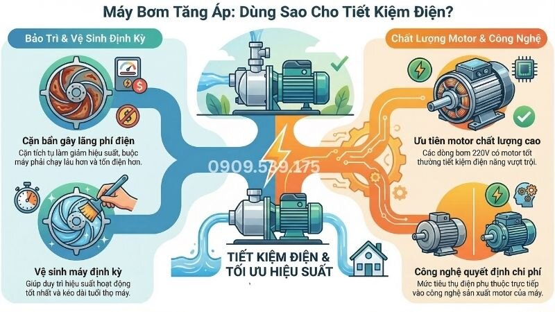 Máy bơm tăng áp dùng sao cho tiết kiệm điện.