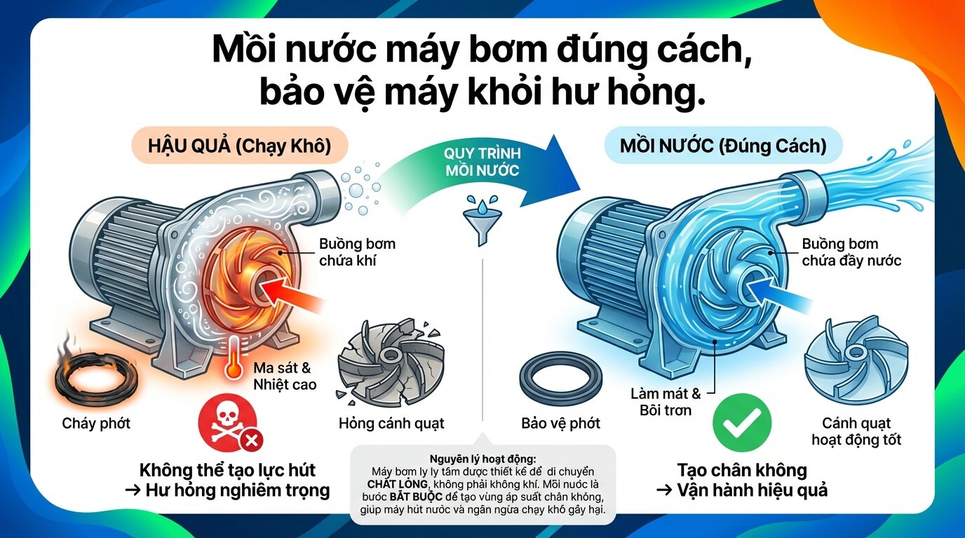 Mồi nước máy bơm đúng cách, bảo vệ máy khỏi hư hỏng.