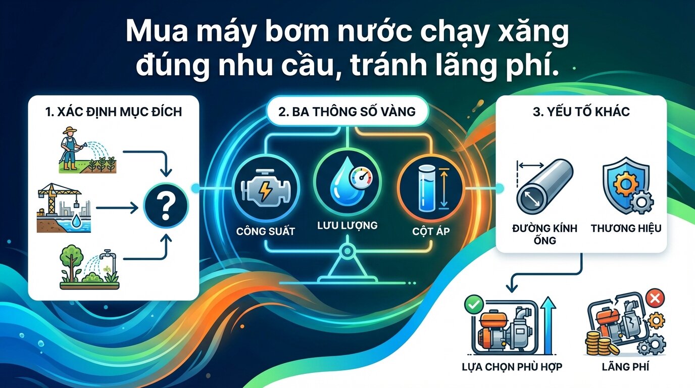 Mua máy bơm nước chạy xăng đúng nhu cầu, tránh lãng phí.