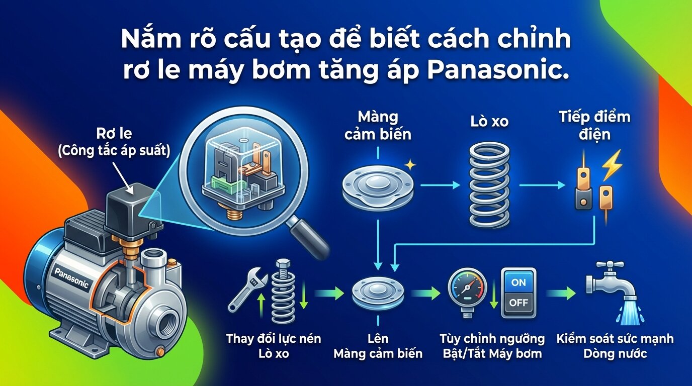 Nắm rõ cấu tạo để biết cách chỉnh rơ le máy bơm tăng áp Panasonic.