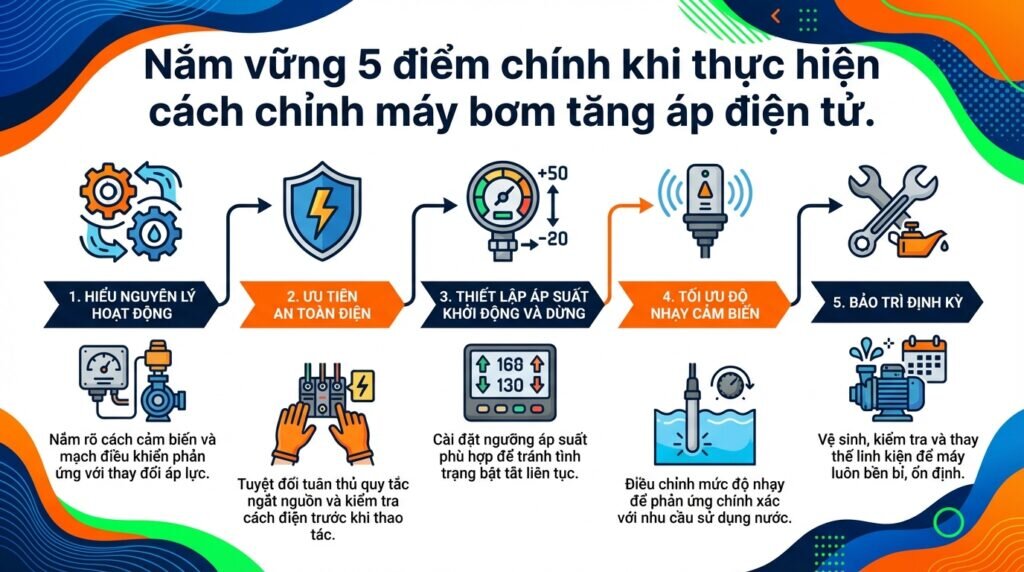 Nắm vững 5 điểm chính khi thực hiện cách chỉnh máy bơm tăng áp điện tử.