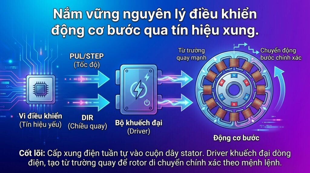 Nắm vững nguyên lý điều khiển động cơ bước qua tín hiệu xung.