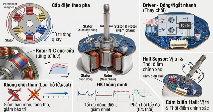 Động cơ không chổi than nidec hoạt động dựa trên cơ chế chuyển mạch điện tử hiện đại thay thế hoàn toàn tiếp xúc cơ học