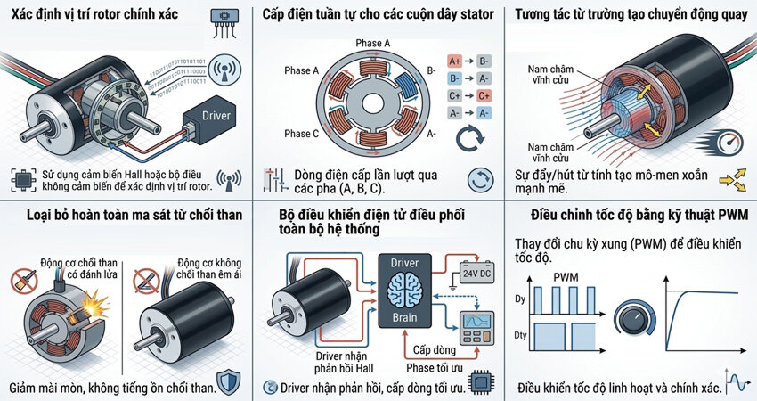 Động cơ không chổi than tốc độ cao được xây dựng trên hệ thống điều khiển điện tử thay thế hoàn toàn cơ chế tiếp xúc cơ học