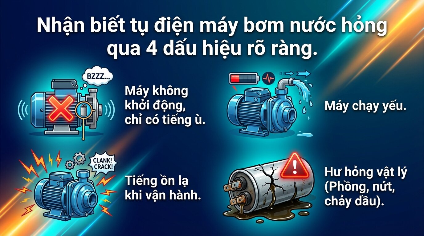 Nhận biết tụ điện máy bơm nước hỏng qua 4 dấu hiệu rõ ràng.
