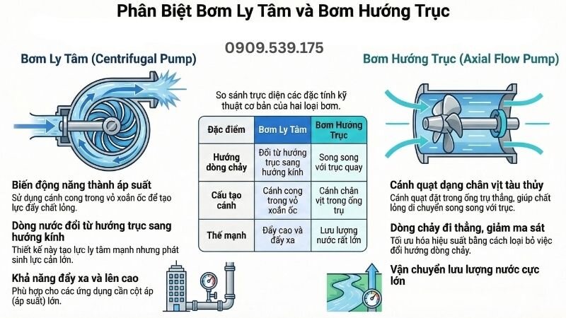 Phân biệt bơm ly tâm và bơm hướng trục.
