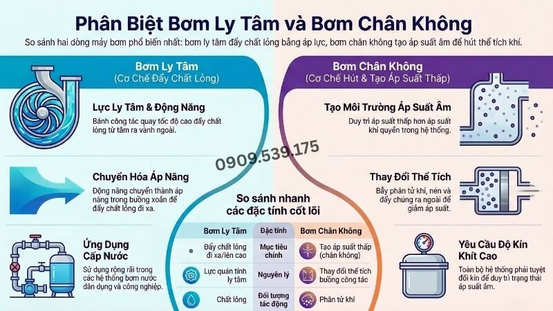 Phân biệt nguyên lý hoạt động của bơm ly tâm và bơm chân không.