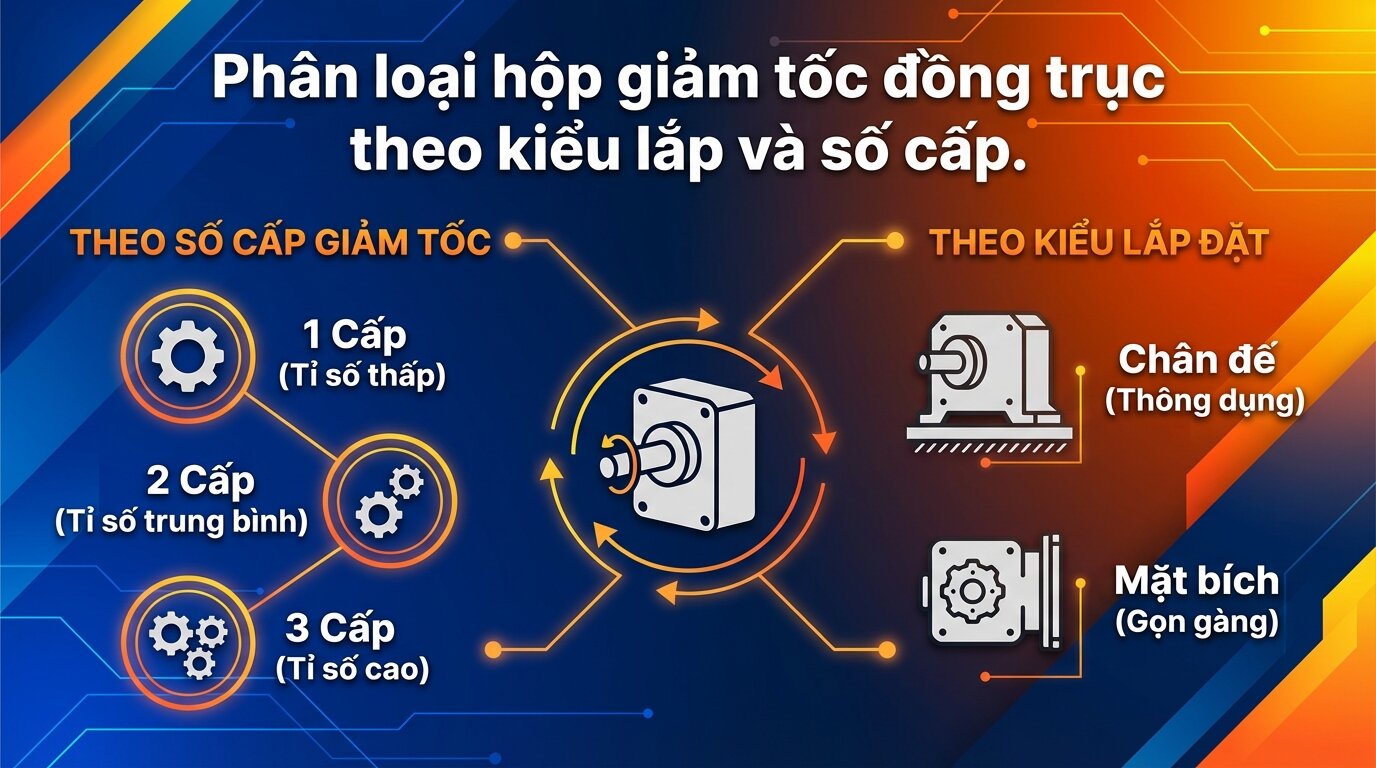 Phân loại hộp giảm tốc đồng trục theo kiểu lắp và số cấp.