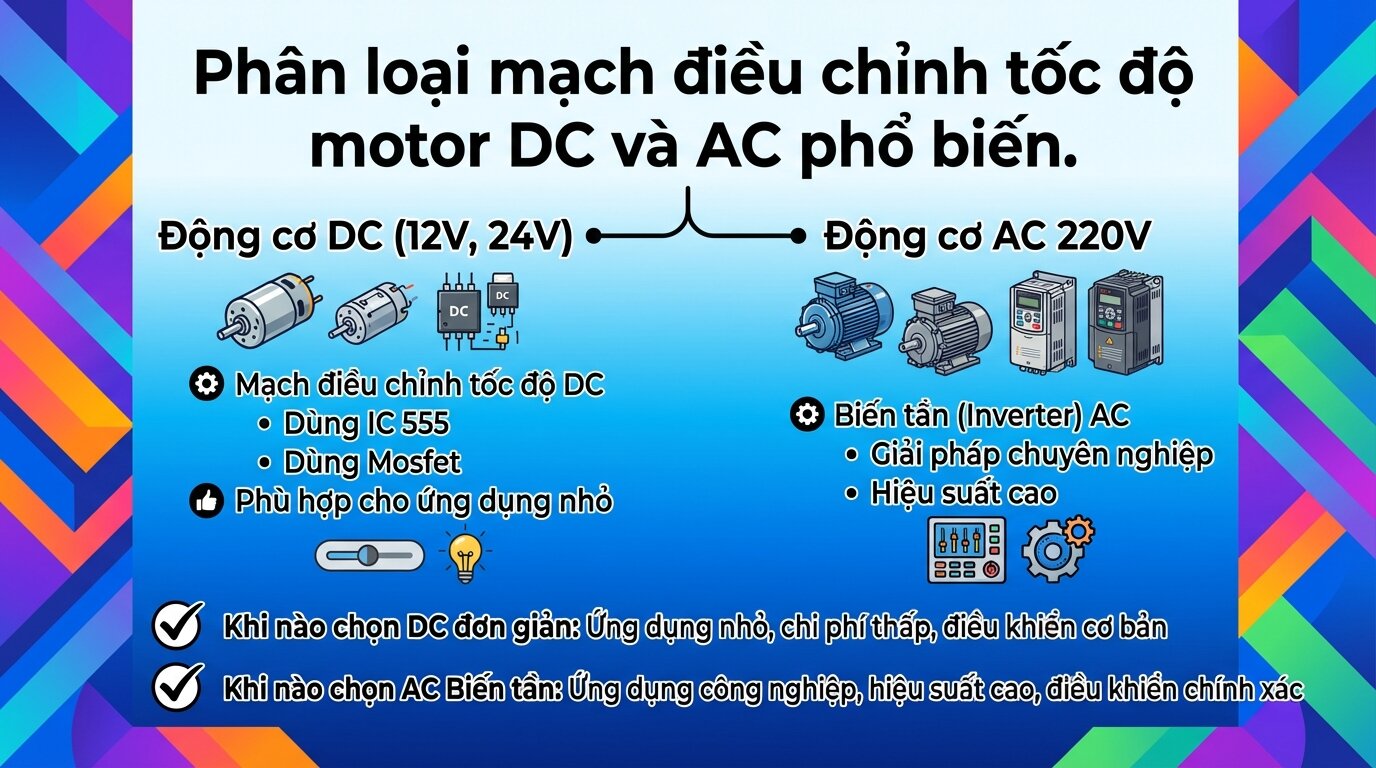 Phân loại mạch điều chỉnh tốc độ motor DC và AC phổ biến.