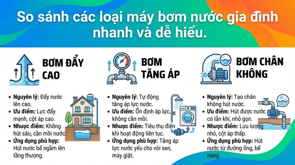 So sánh các loại máy bơm nước gia đình nhanh và dễ hiểu.