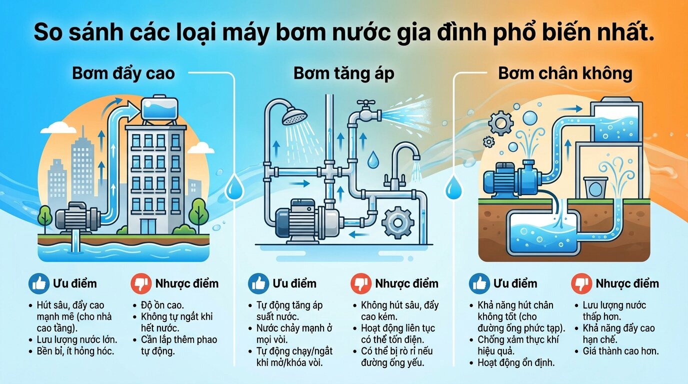 So sánh các loại máy bơm nước gia đình phổ biến nhất.