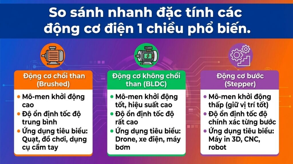 So sánh nhanh đặc tính các động cơ điện 1 chiều phổ biến.