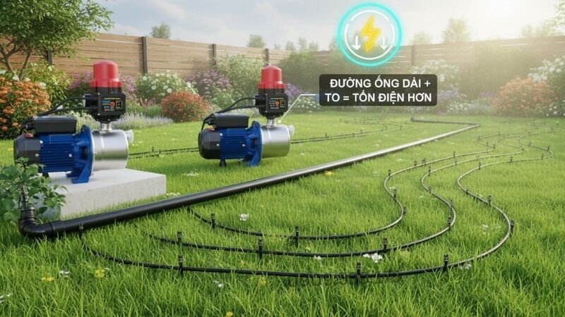 Sử dụng đường ống không phù hợp dẫn đến dòng chảy bị cản trở khiến bơm phải hoạt động mạnh hơn và tiêu tốn nhiều điện năng.