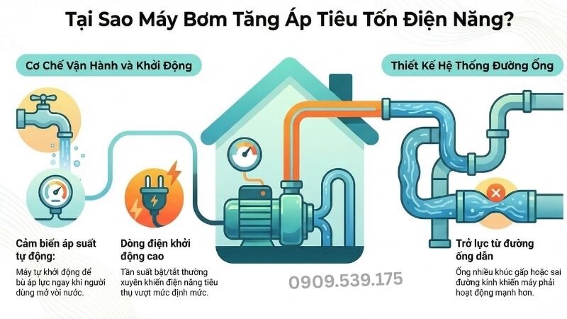 Tại sao máy bơm tăng áp tiêu tốn điện năng.