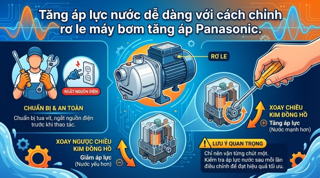 Tăng áp lực nước dễ dàng với cách chỉnh rơ le máy bơm tăng áp Panasonic.