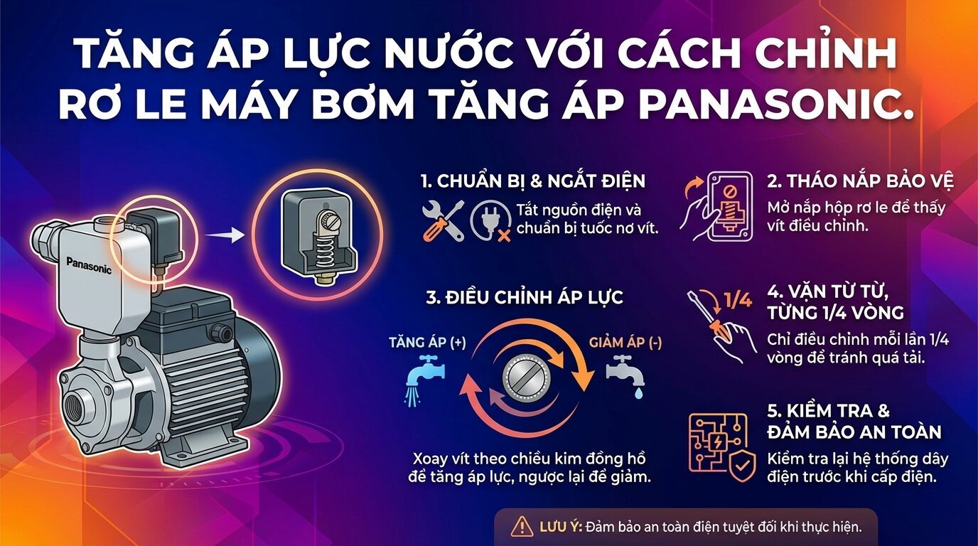 Tăng áp lực nước với cách chỉnh rơ le máy bơm tăng áp Panasonic.