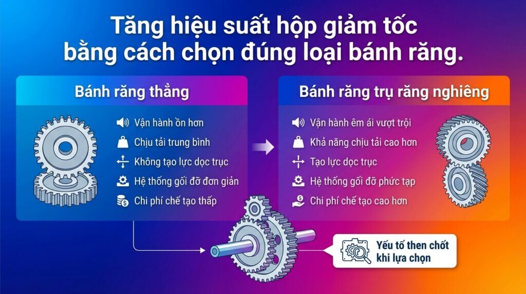 Tăng hiệu suất hộp giảm tốc bằng cách chọn đúng loại bánh răng.