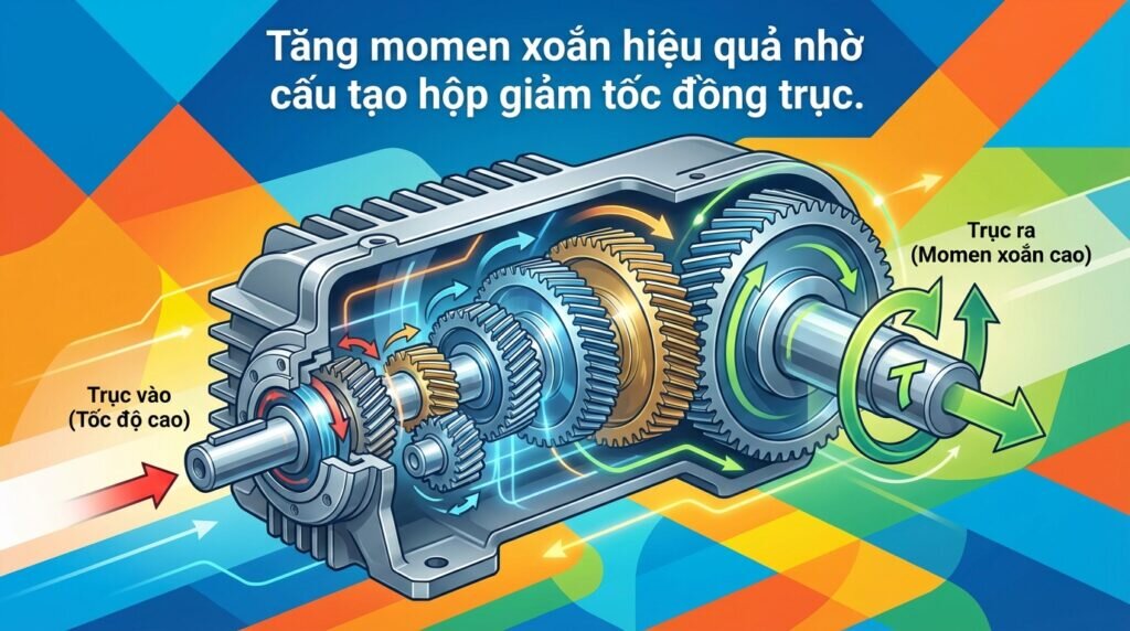 Tăng momen xoắn hiệu quả nhờ cấu tạo hộp giảm tốc đồng trục.