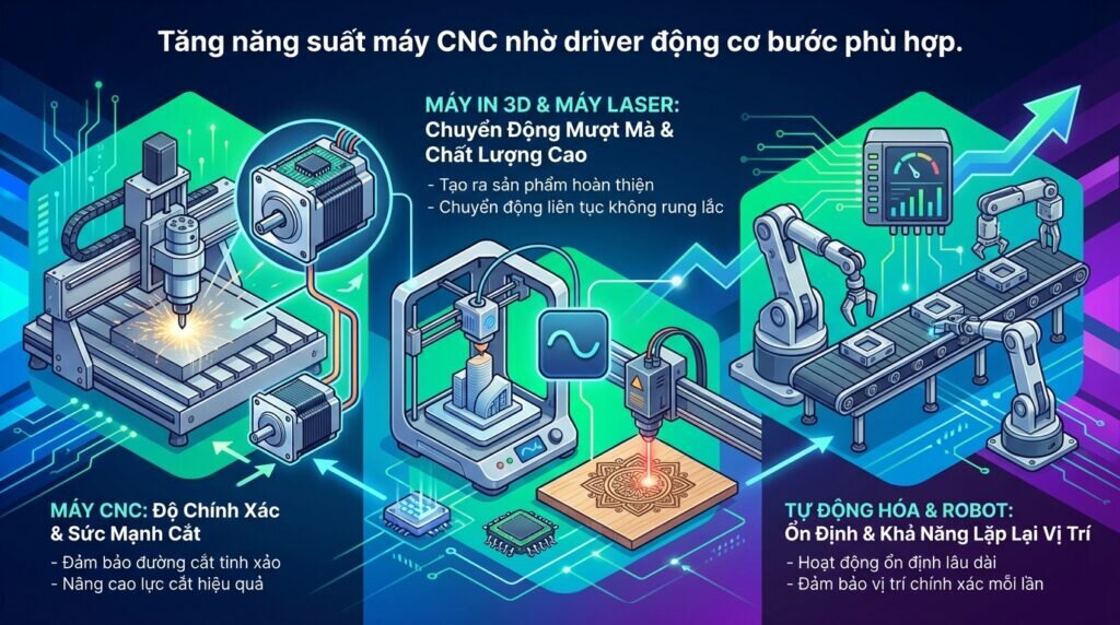 Tăng năng suất máy CNC nhờ driver động cơ bước phù hợp.
