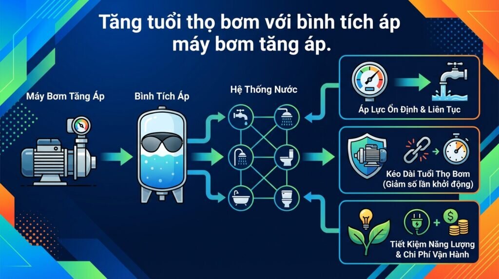 Tăng tuổi thọ bơm với bình tích áp máy bơm tăng áp.