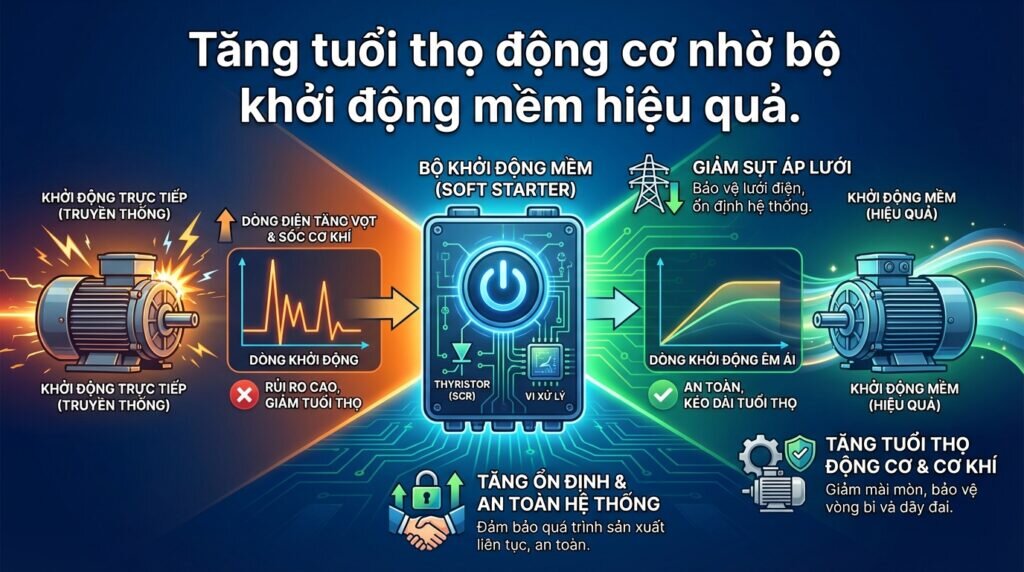 Tăng tuổi thọ động cơ nhờ bộ khởi động mềm hiệu quả.